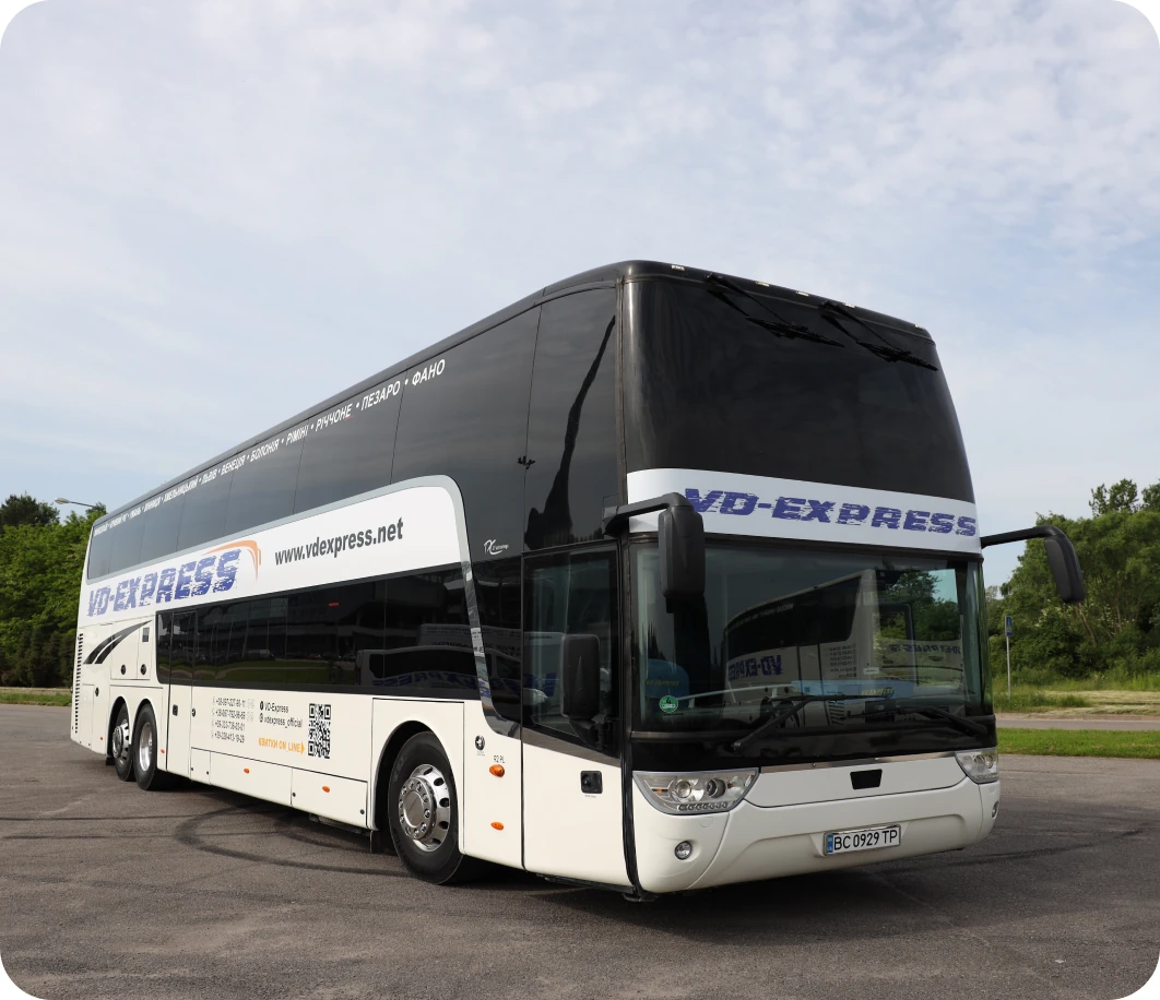 A VD-EXPRESS double-decker coach on an international trip