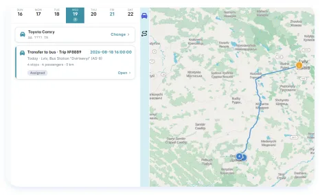Driver's trip list and the journey route on the map