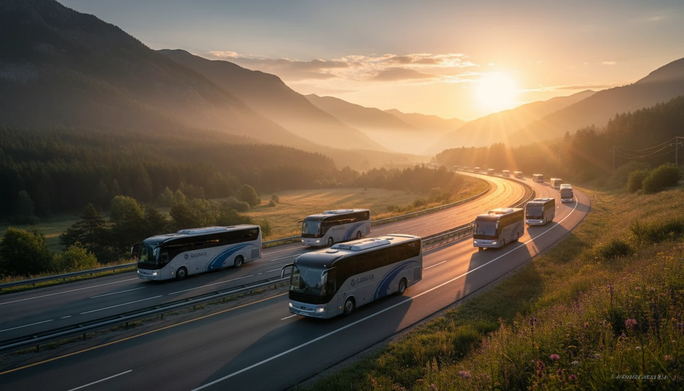 A convoy of coaches on a mountain highway at dawn