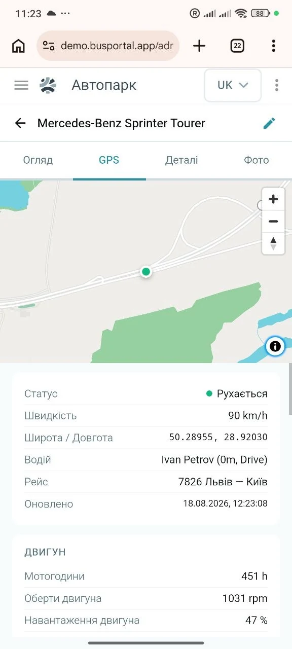 Bus card with GPS data and engine readings