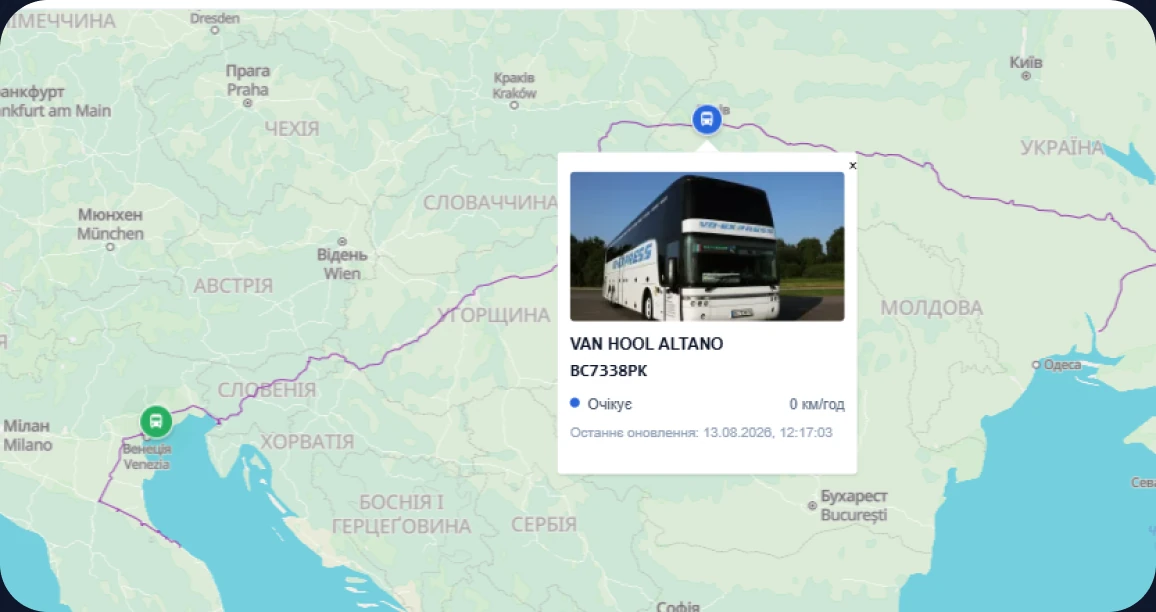 Europakarte mit Busroute im Monitoringsystem