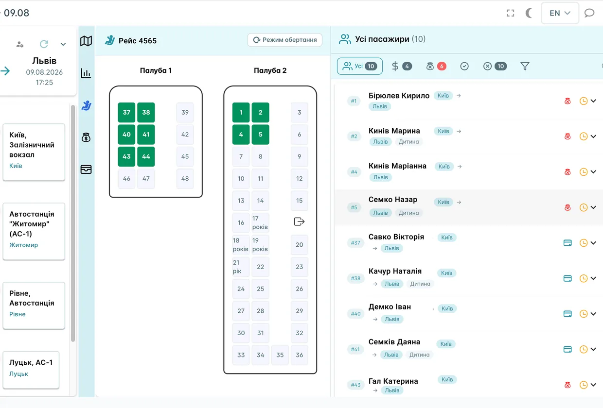 Bus seat map with free and sold seats