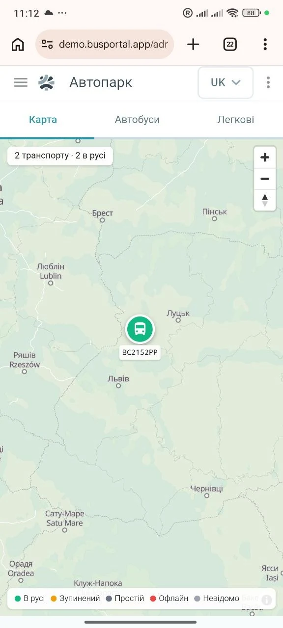 Fleet map in the BUSPORTAL app on a smartphone